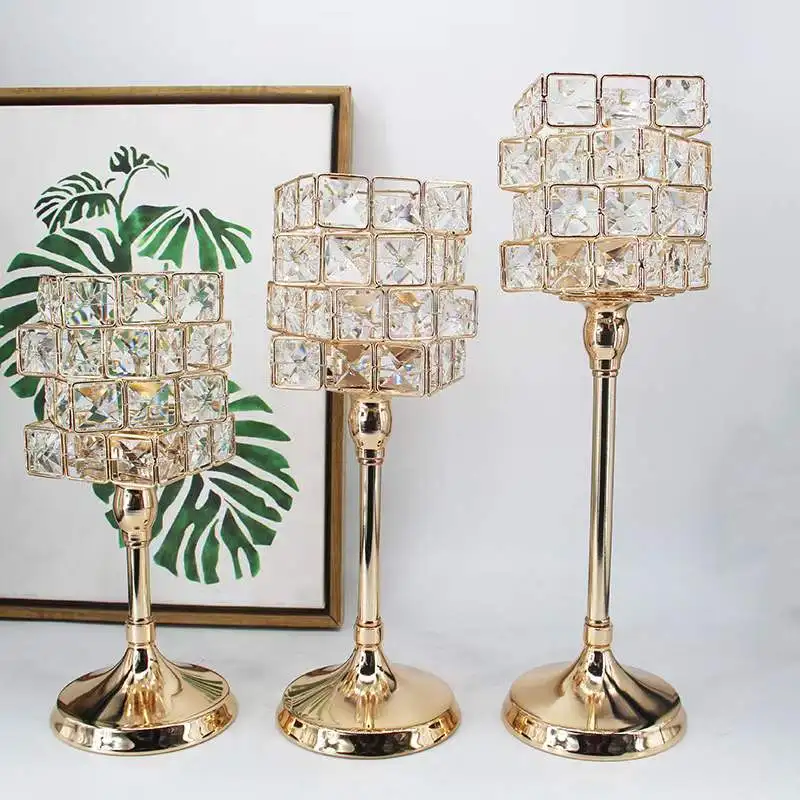 1pc Golden Crystal Pillar Candle Holder Candlesticks for Dining Coffee Table Wedding Events Parties Home Decor