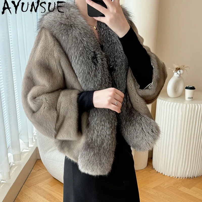 

AYUNSUE Natural Mink Fur Jacket Woman Fox Fur Collar Batwing Sleeve Real Fur Jackets for Woman Clothes Whole Mink Шуба Женская