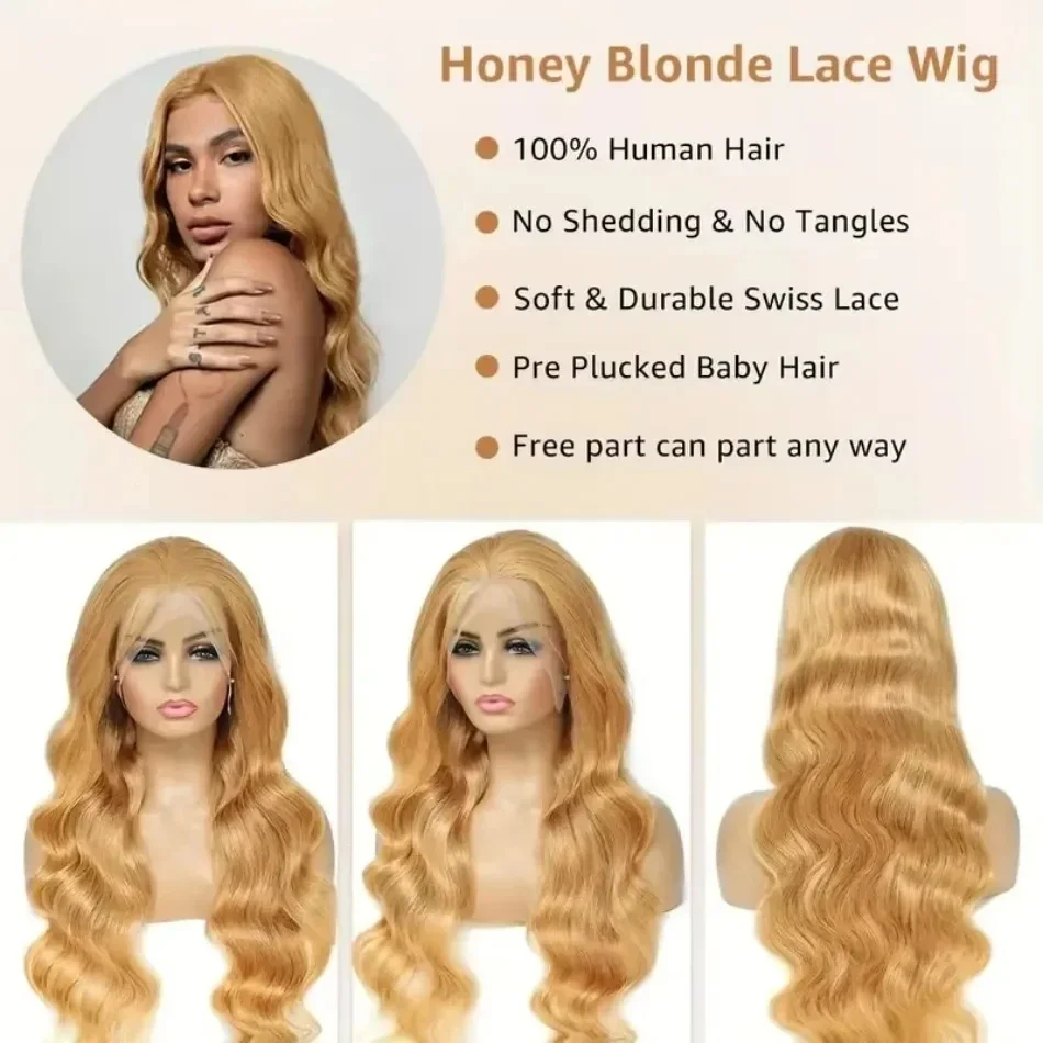 # 27 Honey gold 30 34 Inch 13×6 HD Lace Frontal Wigs Body Wave 13X4 Lace Front Wig Hair 180 Density Pre Plucked Human Hair Wigs