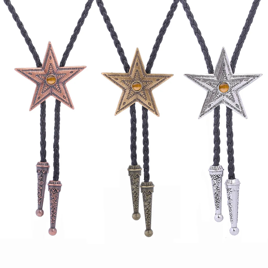 

A versatile five pointed star tiger eye stone leather woven necklace with a women's neckline, polo tie, punk personality