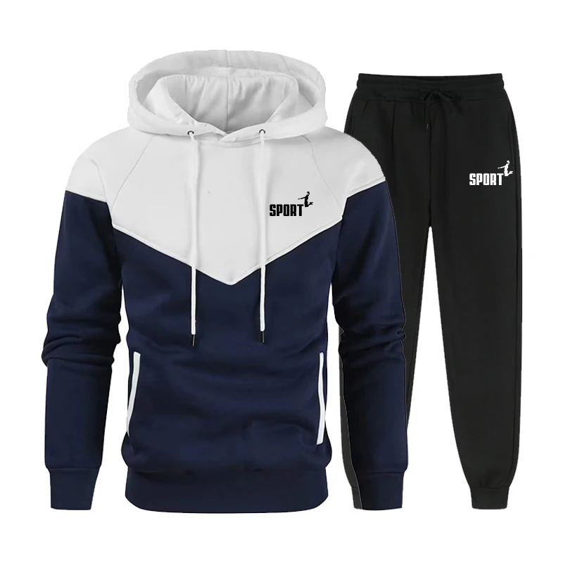 

Autumn Winter New Men's Print Hoodies Outdoor Sportswear Set Street Simplicity Fashion Hooded Sweatshirt Two Color Matching Top