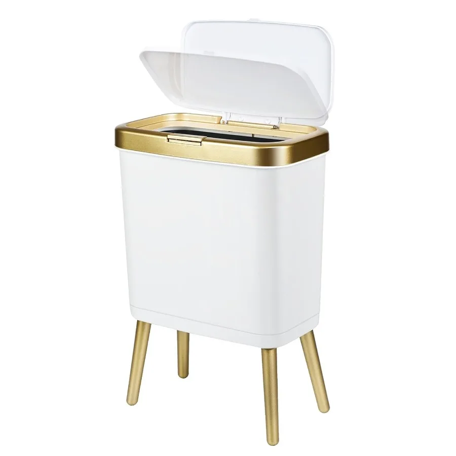 Gold Bathroom Trash Can Slim Garbage Can with Lid 4 Gallon Kitchen Trash Bin with Legs Modern White Trash Can Plastic Waste Bas