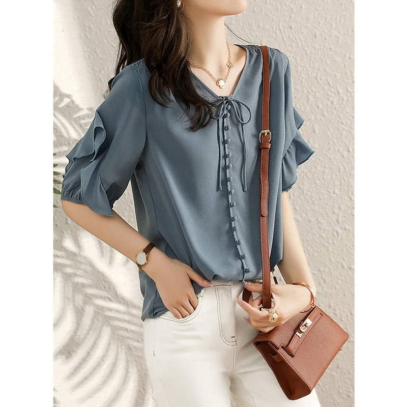 Elegant Fashion Solid Drawstring Button Ruffles Shirt Summer 2023 New V-Neck Half Butterfly Sleeve Pullovers Tops Women Clothing