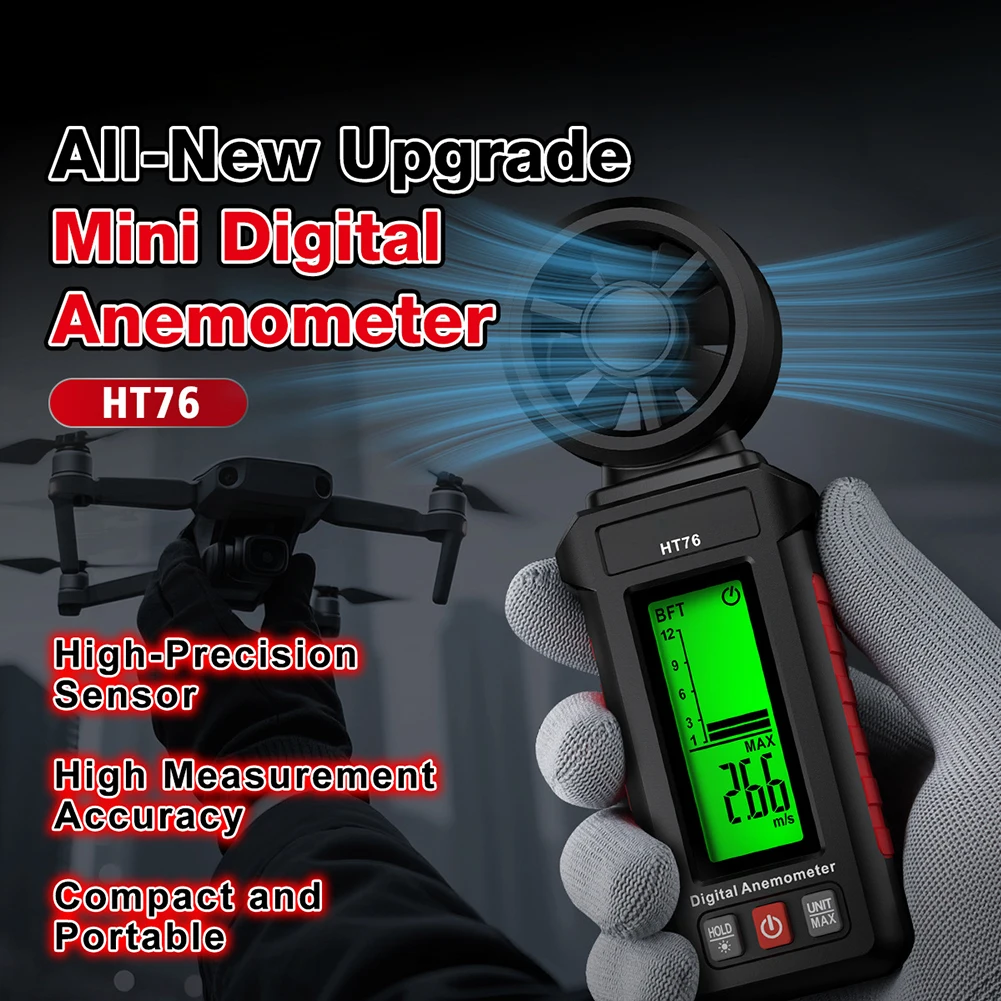 Handheld Digital Anemometer HT76 0.7 To 30m/s Wind Gauge With Unit Display For Weather Research Education Field Testing
