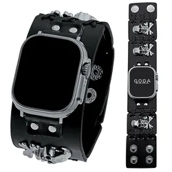 GOGARAMA Punk Style Skull Leather Strap for Apple Watch Bands 44mm 40mm 45mm Bracelet IWatch Series Se 9 8 7 6 5 3 Ultra 2
