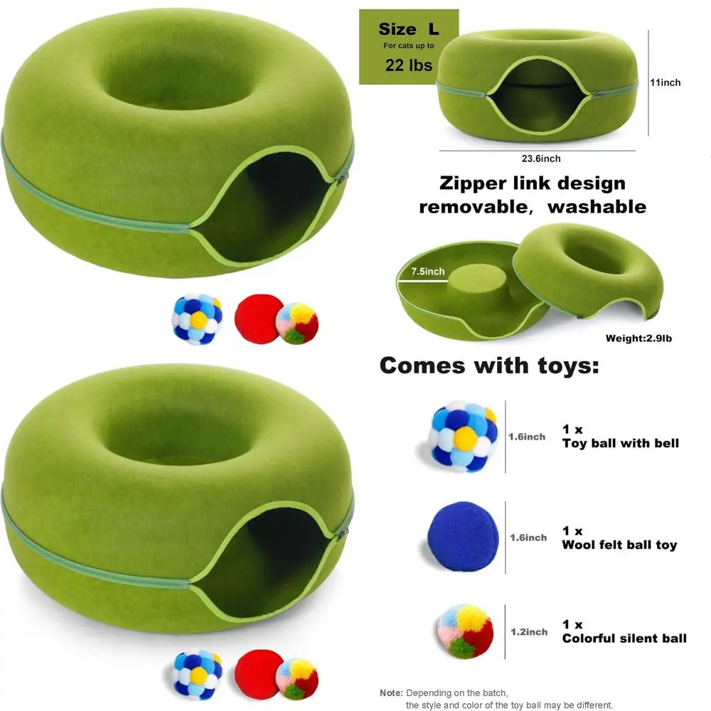 

Зеленая большая лежанка-тоннель для кошек с 3 игрушками, устойчивая к царапинам лежанка-пончик для кошек весом до 30 фунтов