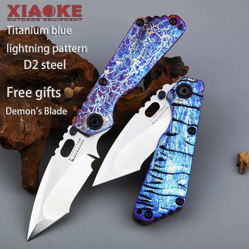 

Tactical Folding Knife D2 Steel Blade TC4 Titanium Camping Survival Pocket Knife Blue Flame Anodized - EDC Outdoor Hunting Tool