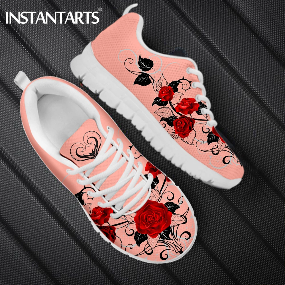 Gothic Rose Flower Printed Sneakers For Women Breathable Ladies Sport Flat Shoes Casual Vulcanize Shoes Ultra Light
