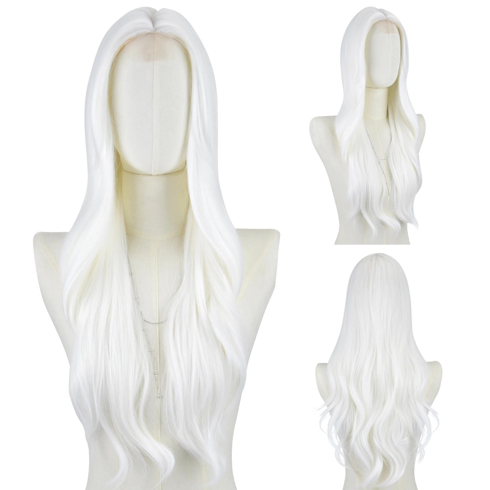 

Long White Wavy Wig for Women 29 Inch Middle Part Curly Wavy Wig Splayed Bangs Synthetic Heat Resistant Fiber Wig for Daily Use