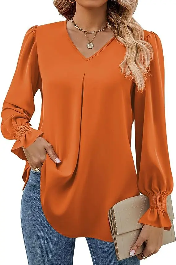 2024 Autumn Women\'s Shirt V-neck Flare Long Sleeve Fashion Solid Color Elegant Street Casual Blouses for Women