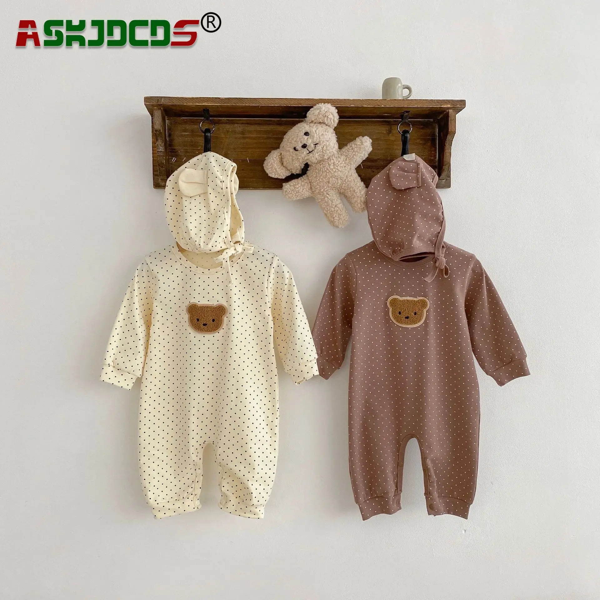 2023 Autumn Newborn Baby Boys 2pcs Clothing Set Full Sleeve Dot Bear 1piece Jumpsuit Matching Hat Infant Kids Cozy Cotton Romper