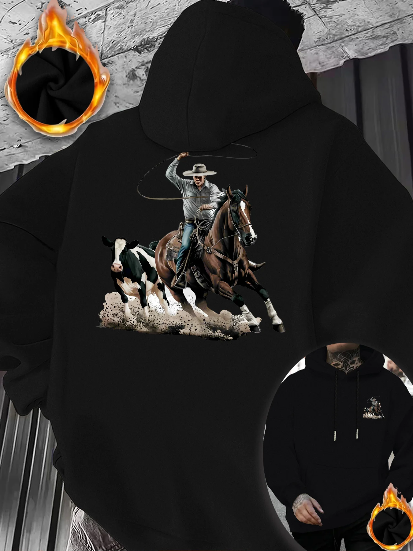 Casual Daily Hooded Pullover for Men Wild West Cowboy Horse Print Autumn winter Fashion Urban swag Streetwear essentials hoodies