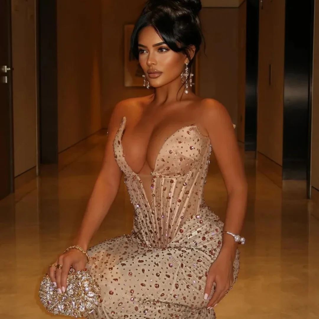سانسا مخصص بريق حورية البحر حمالة فساتين لحضور الحفلات الموسيقية عارية الذراعين فساتين للمناسبات الخاصة بلا أكمام الساتان فيستدوس دي فيستا 2025