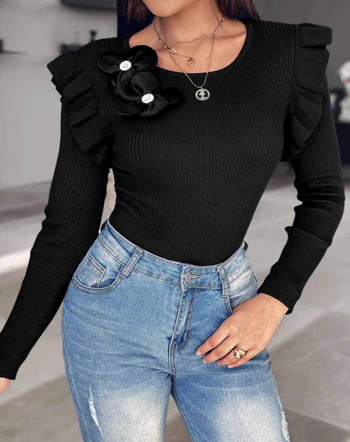 Elegant Women\'s Sweater Base Sweater Autumn Casual Ribbed Flower Pleated Long Sleeved Tight Knit Sweater Basic Casual Sweater