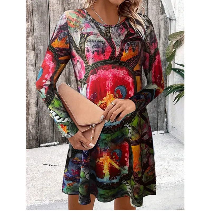 Vintage Floral Print Dress Autumn Long Sleeved Round Neck Casual A-line Dress Lady Retro Elegance Dress Big Size Vestidos