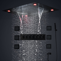 hm High Quality 6 Functions Black Shower System Set Ceiling LED Shower Head Waterfall RainFall Body jet Bath Thermostatic Faucet