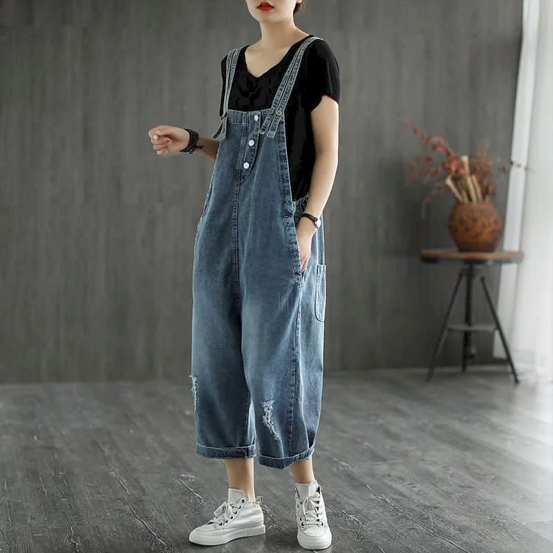 Denim Jumpsuits Voor Vrouwen Oversized Blauw Playsuit Denim Broek Losse Hoge Taille Cross-Broek Overalls Voor Vrouwen Kleding Een-Stukken