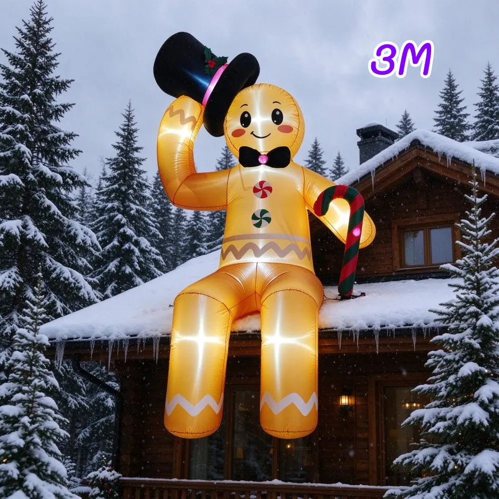 3M Christmas Inflatable Seated Posture Gingerbread Man Wearing Hat Candy Cane Built LED Lights Indoor Outdoor Garden Decoration
