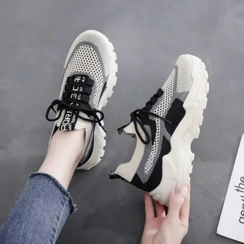 2024 New Fly Woven Mesh Casual Breathable Sneakers Korean Style Thick-Soled Daddy Shoes Mesh Red Shoes Light Running/ Shoes
