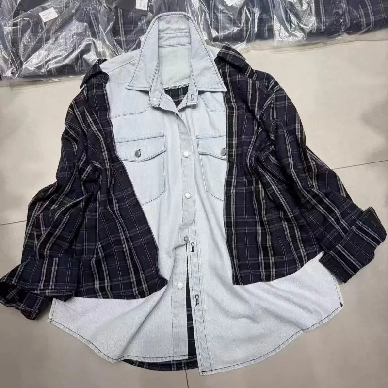 SuperAen Vintage Patchwork Denim Plaid Shirt for Women Loose Design Long-sleeve Shirt High Street Style Shirt