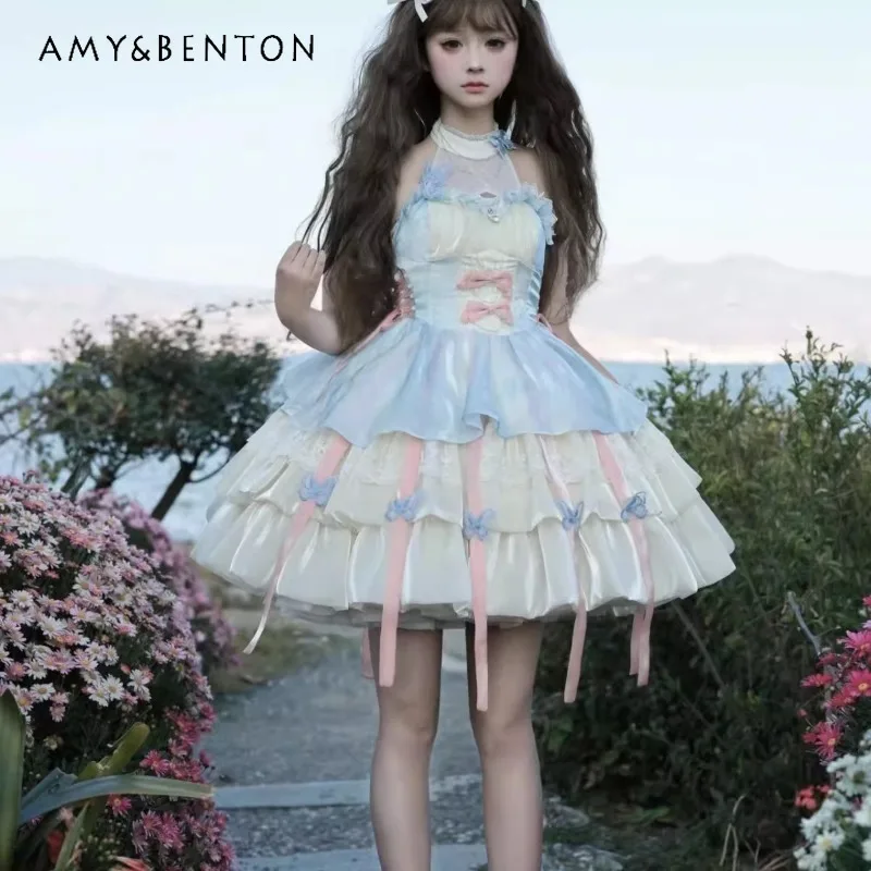 

Japanese Original Summer Autumn Lolita Princess Style Pure Desire Wind Hanging Neck Suspender Short A-Line Fluffy Skirt Women