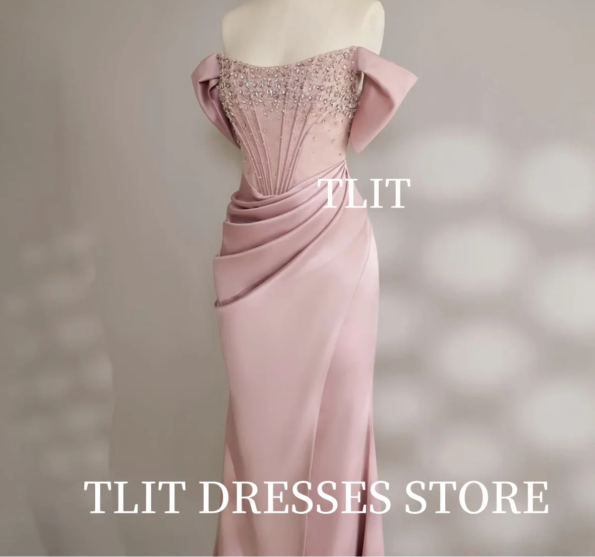TLIT Elegant Baby Pink Silk Satin Evening Dresses Customized Off The Shoulder Crystals Strapless Prom Gowns A-Line تنورة