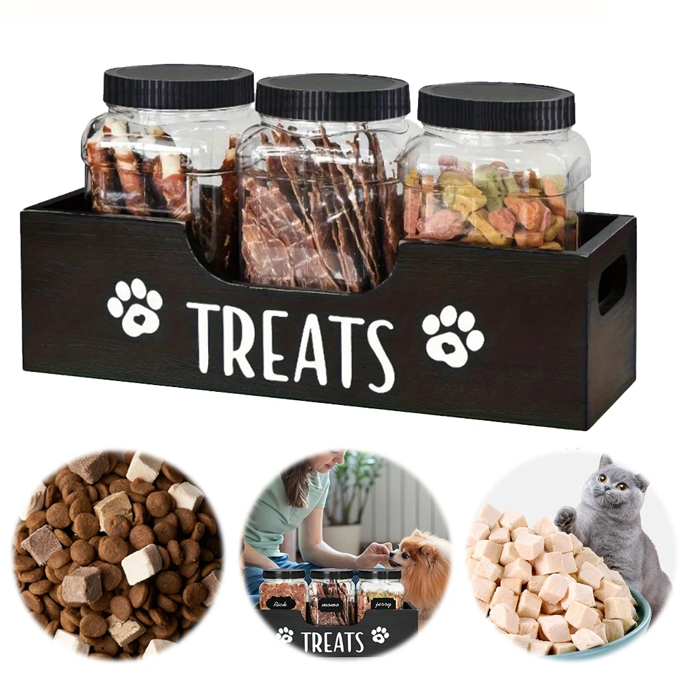 

Wooden Pet Snack Storage Box with Plastic Treat Jar Food Storage Holder (Black)