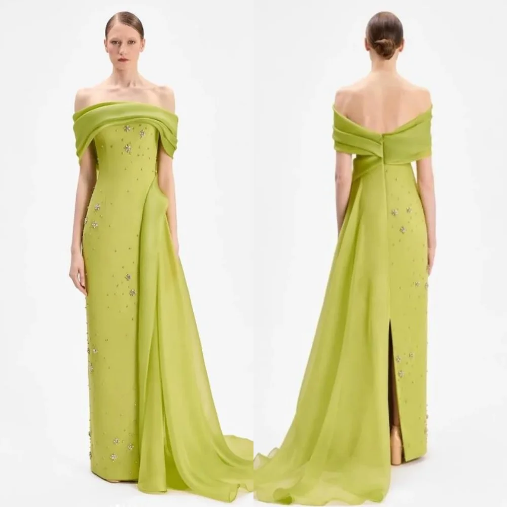 Customized Matching Exquisite Jersey Pleat Ruched Rhinestone Straight Off-the-shoulder Long Dresses Bespoke Occasion Dresses