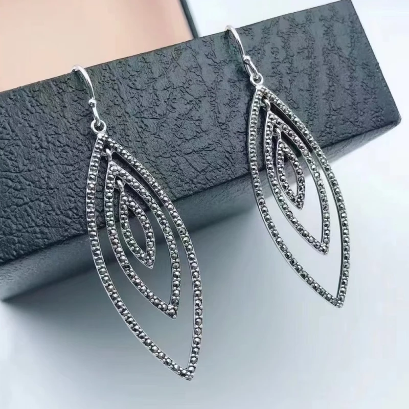 

Real Solid 925 Sterling Silver Women Lucky Carved Hollow Leaf Dangle Earrings