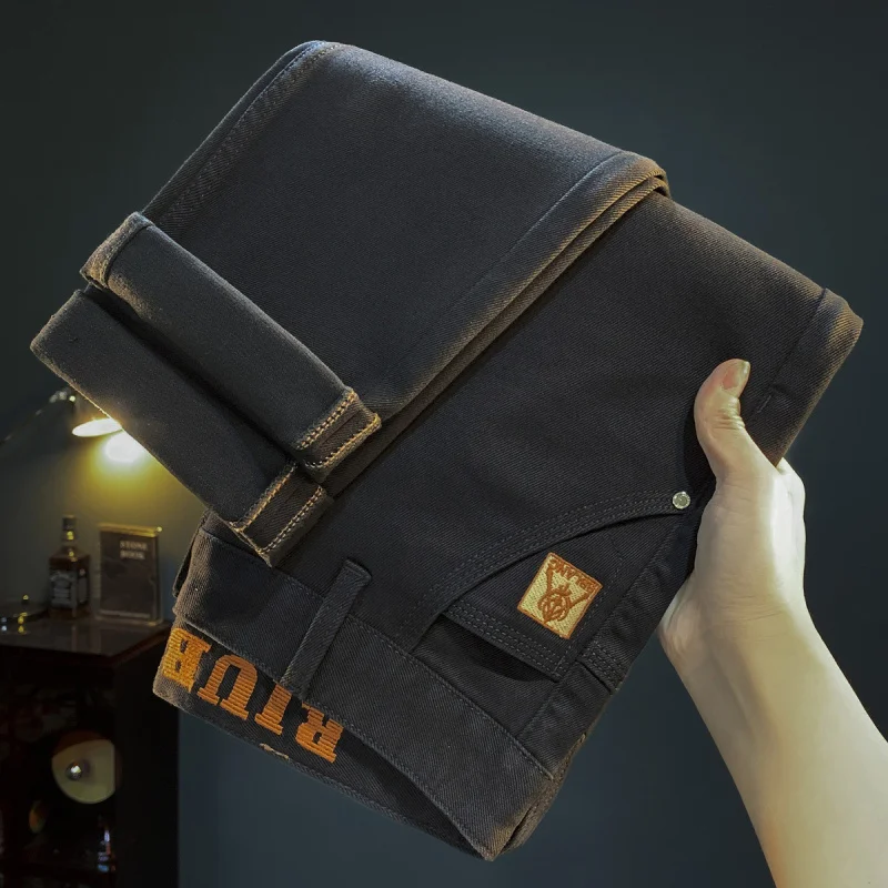 Черные джинсы, мужская мода, осенний толстый стиль, новинка 2025 года, высококачественные мужские брюки с вышивкой