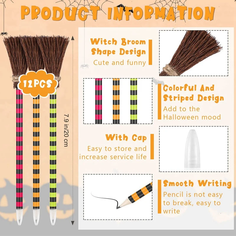 Halloween Witch Broom Pencil Colorful Witch Broom Pens Wizard Pencil Broom Writing Pencils (24 Pieces)