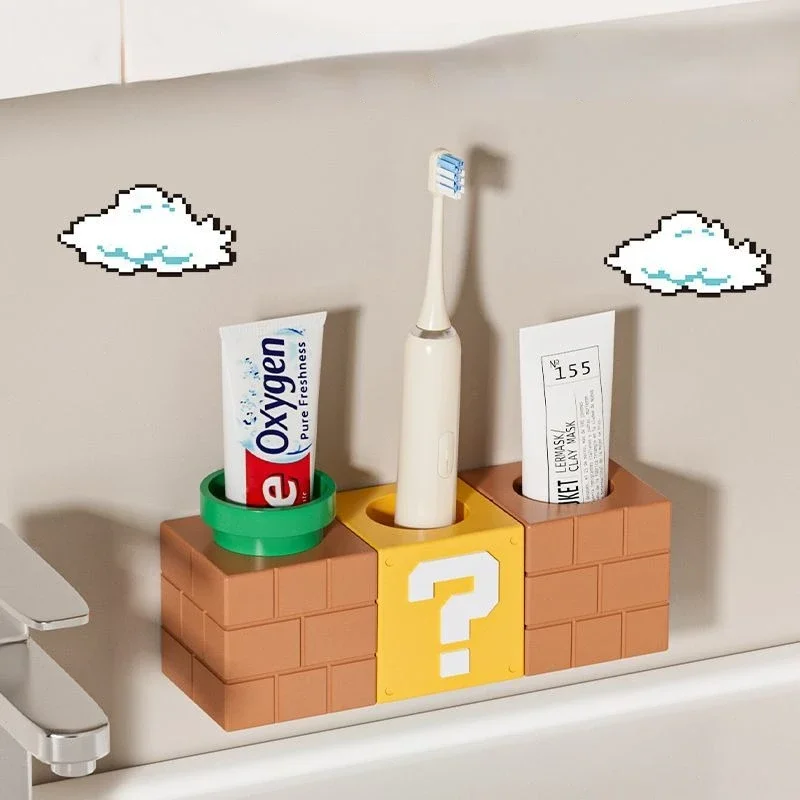 Super Mario Bros Bathroom Tooth Cup Holder Creative Anime Hanging Storage Shelf Restroom Accessories Games Toothbrush Holders