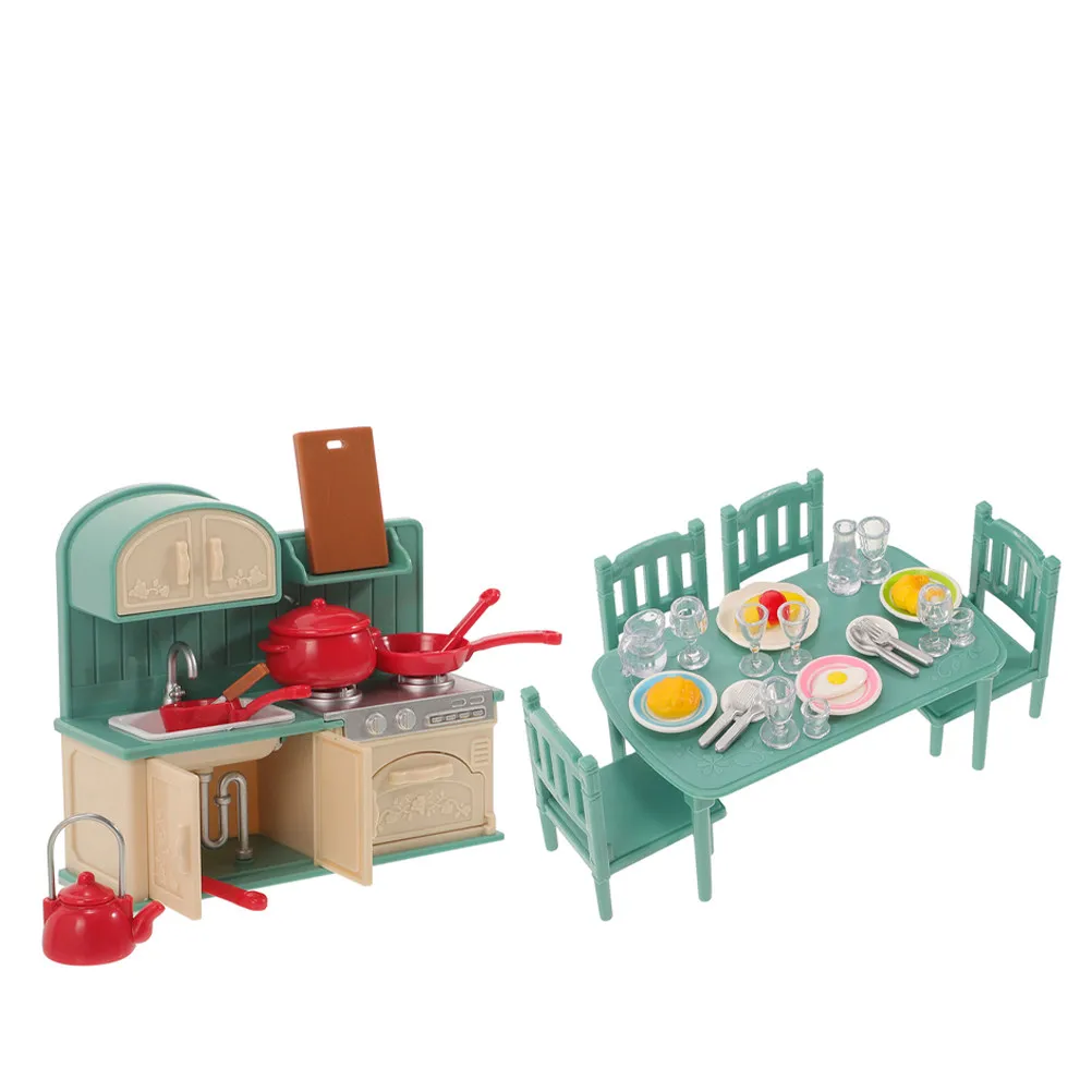 

Набор миниатюрной мебели для кукольного домика: кухонный игровой набор с реалистичными деталями, мини-стулья, стол, аксессуары, крошечные столики
