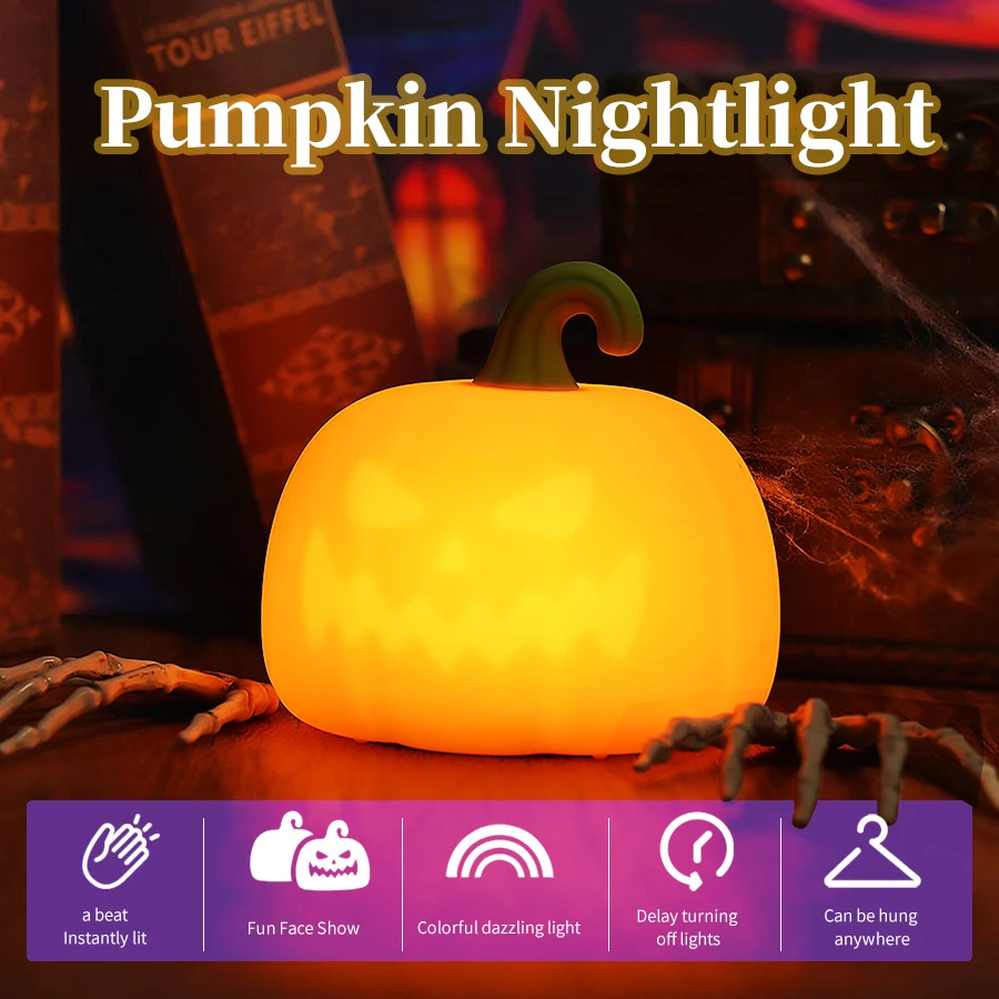 

Halloween Decor Led Pumpkin Night Light 7 Colors Cute Bedside Lamp Rechargeable Pat Night Lamp for Festival Party Kids Gift