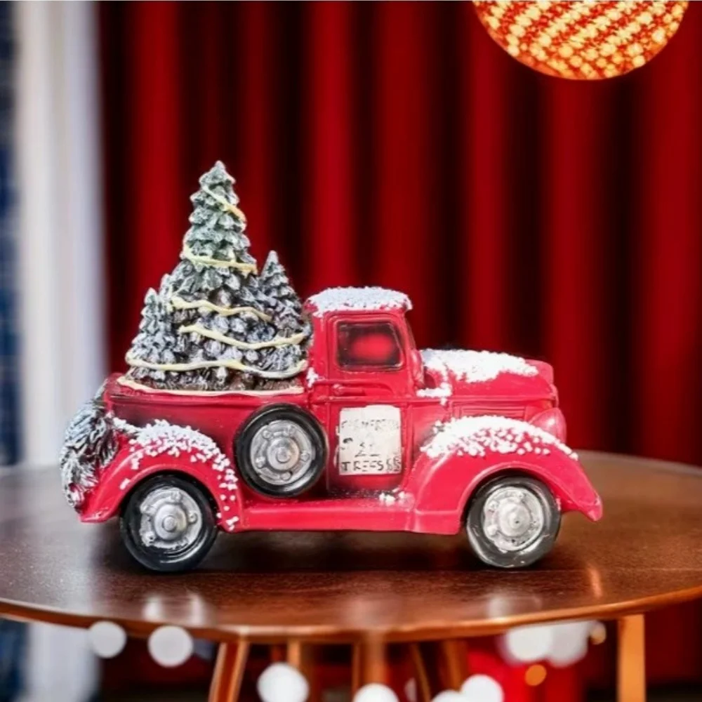 Retro Red Truck Christmas Ornaments Resin Crafts Karting Car Pull Christmas Tree For Desktop Home Decorations New Year Gift