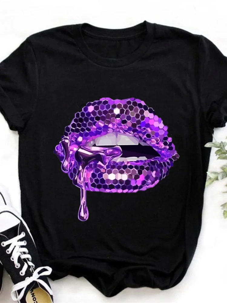 

Glitter Shiny Lips Print Women T Shirt Short Sleeve O Neck Loose Women Tshirt Ladies Tee Shirt Tops Clothes Camisetas Mujer