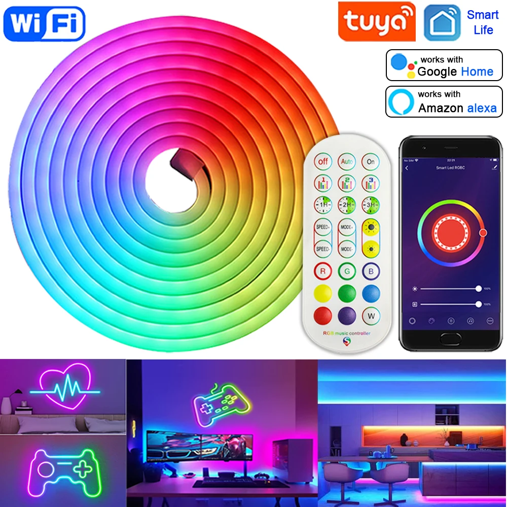 Tuya Smart Life neonowy pasek światło DC12V RGB elastyczny Neon ledowy taśma oświetleniowa do dekoracji domu, do pracy z Alexa Google Home