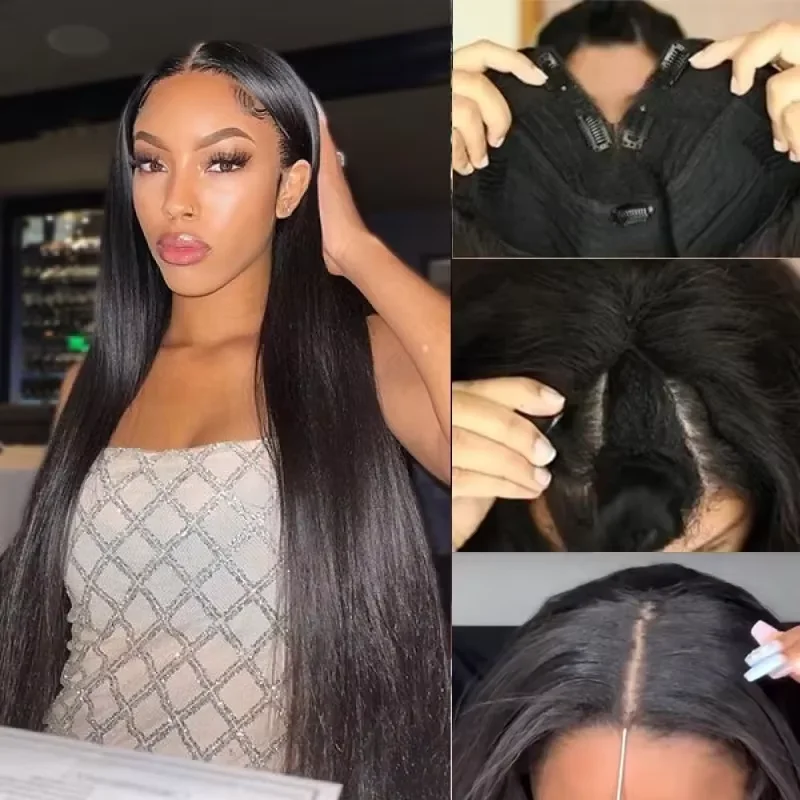 Bone Straight Brazilian Remy Human Hair V Part Wig Upgrade U Part Wig 200 Density 32 Inches Machine Made Natural Color V Shape Human Hair Wig For Women