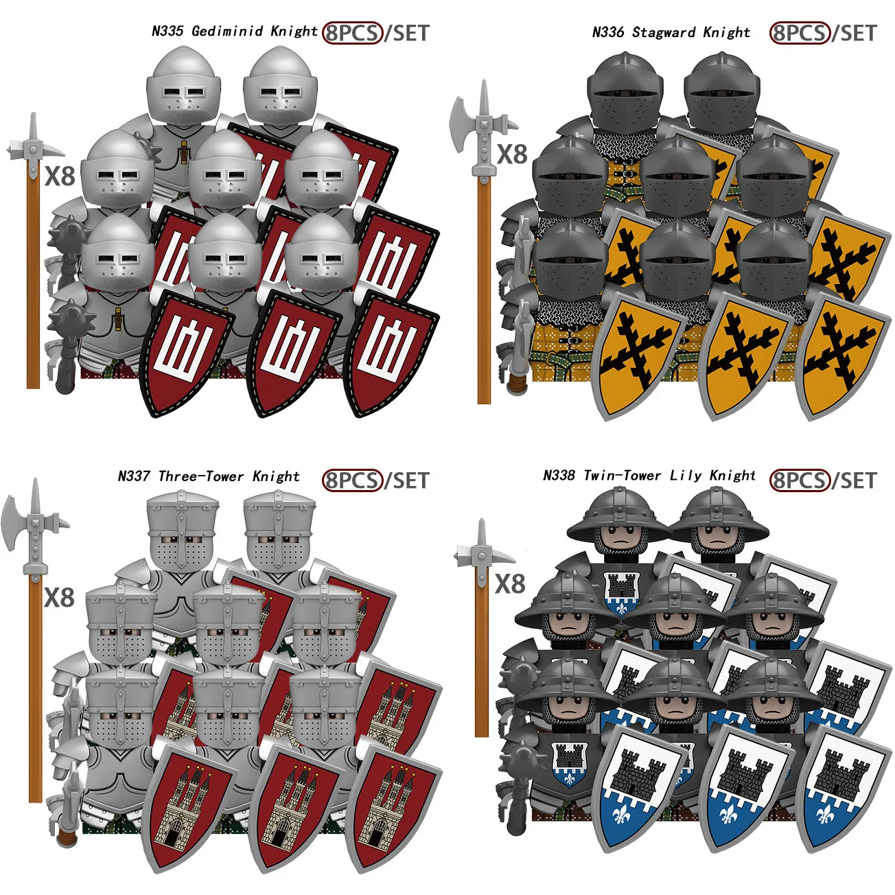 MOC Château Médiéval Tour Chevaliers Figurines Blocs de Construction Armes Boucliers Épées Casques Armures Gilets Soldats Cerfs Briques Jouets