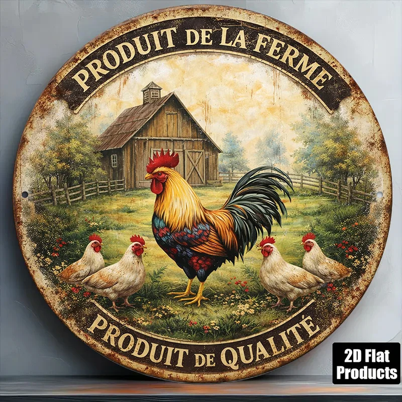 2D Flat Round Sign, Rooster Farm Products, Farm Animal Decorative Plaque, Suitable for Kitchen, Dining Room