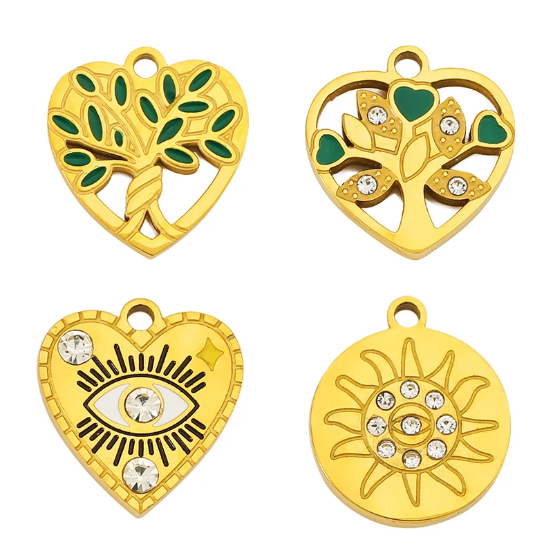 2pcs Stainless Steel Zircon Tree of Life Charms Sun Eye Love Heart for DIY Bag Chain Pendant Necklace Jewelry Making Accessories