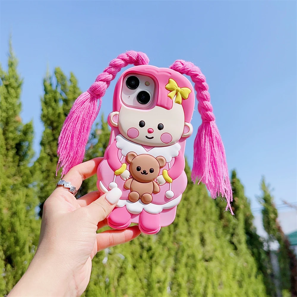 Korean cute 3D Diy bow braid girl Funny bear baby silicone phone case for iphone 11 12 13 14 15 Pro Max creative cartoon cover