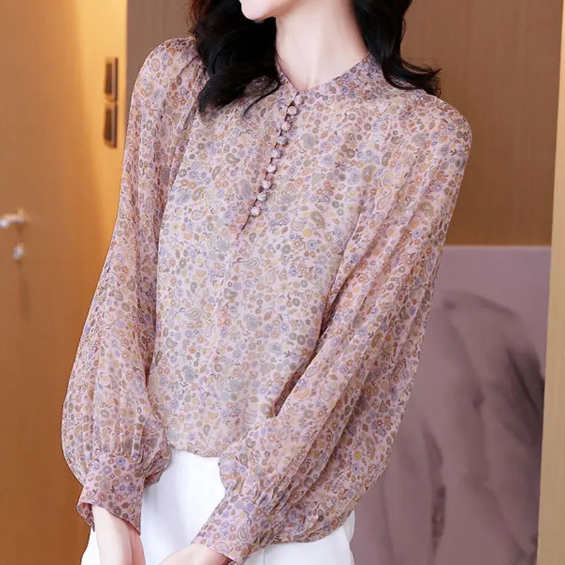 Office Lady Broken Flower Stand Collar Shirt Women\'s Clothing Long Sleeve Spring Autumn New Korean Vintage Button Spliced Blouse