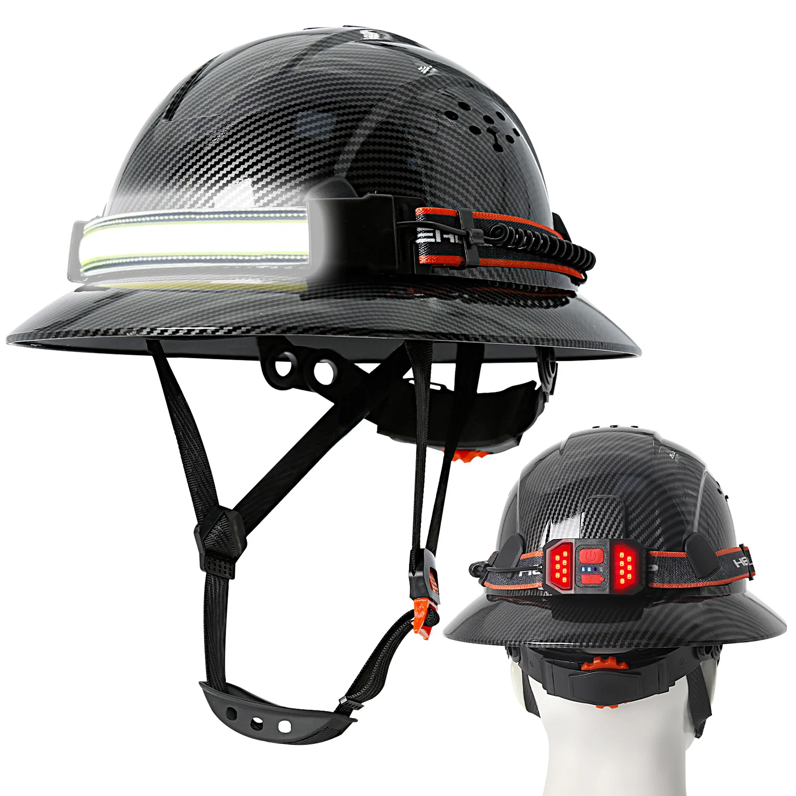 Cascos de seguridad de ala completa de fibra de carbono CE con lámpara de cabeza casco de construcción anticolisión gorra de trabajo transpirable de ingeniero ANSI