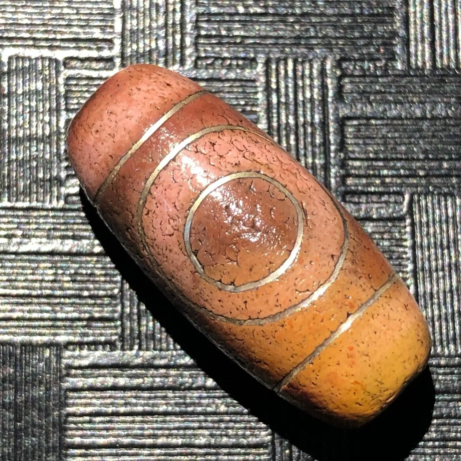 Magic Tibetan Old Agate silver Inlaid Heaven&Earth dZi Bead Amulet 13*28mmC1900