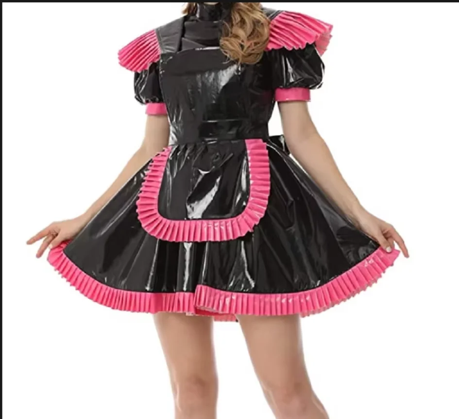 

Gothic Black Pink Sissy Hot Selling New Lockable PVC Pleated Wide Shoulder Dress Maid Uniform Temptation Customization
