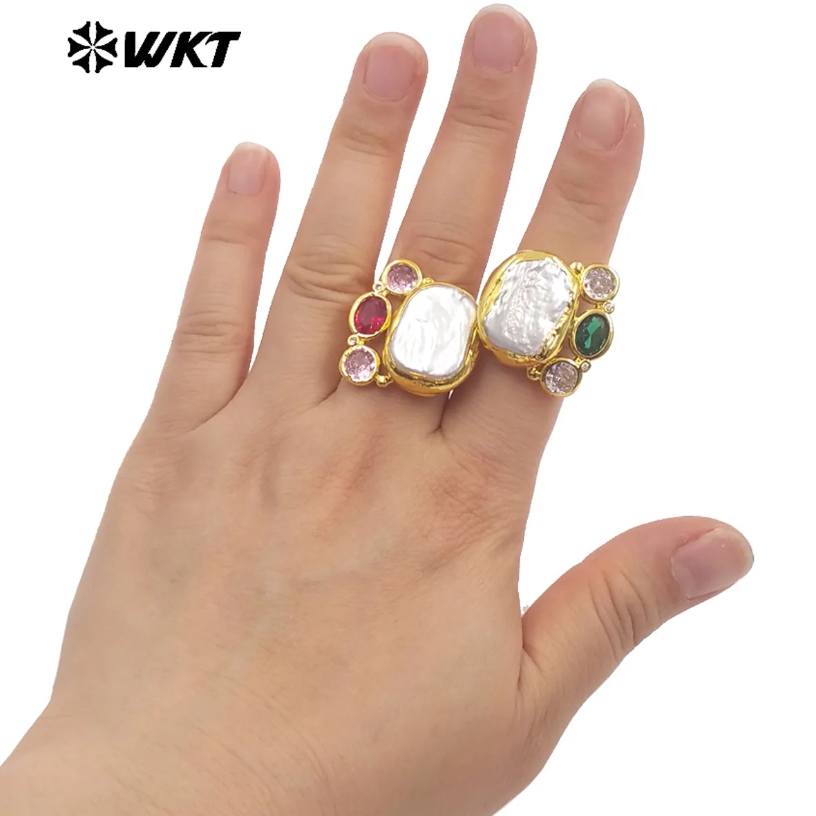 

WT-MR043 Newest Design Gold Plated Natural Pearl Ring With Multi Colors Cubic Zircon Square Shape Wholesale Women Jewelry