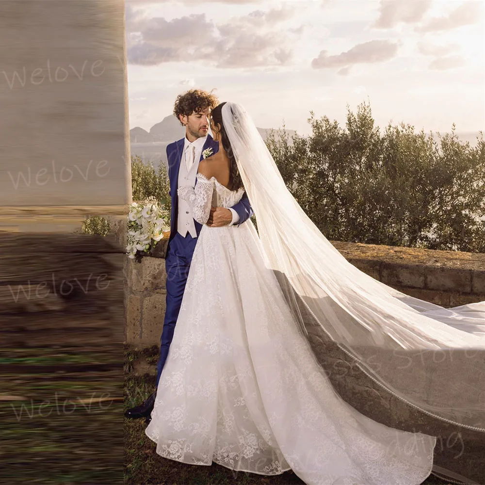 Luksusowe suknie ślubne damskie w kształcie litery A, z odkrytymi ramionami, Vestidos De Novia, szyte na miarę suknie dla panny młodej, koronkowe aplikacje, Vestidos Boda