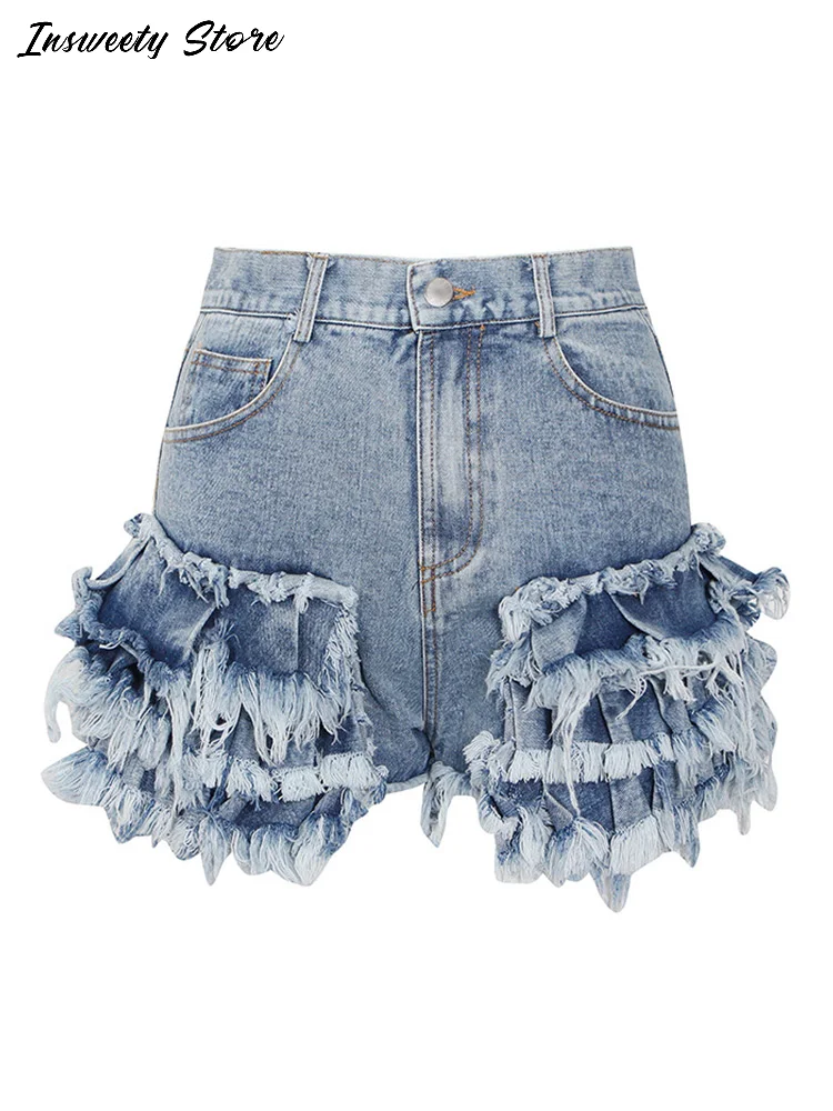

Layered Fringe Hem Denim Shorts Women High Waist Washed Blue Distressed Jeans 2025 Spring Summer New Ladies Fashion Streetwear