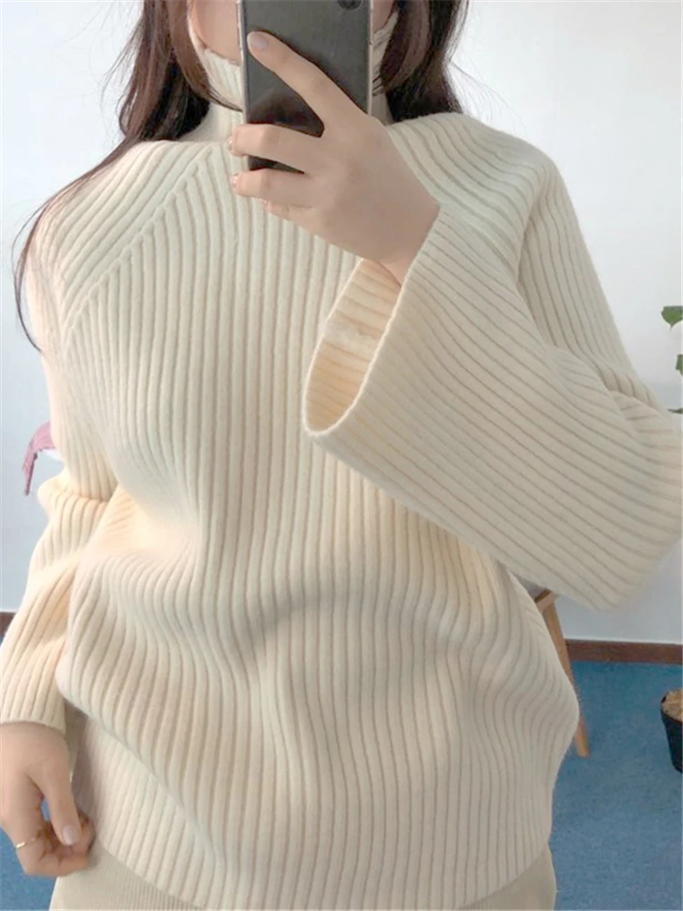 REALEFT Autumn Winter Women's Turtleneck Sweater 2022 New Casual Loose Sweaters Long Sleeve Ladies Knitted Pullover Female